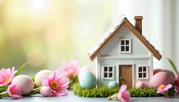 Easter real estate concept featuring a small modern house model adorned with pastel Easter eggs and spring flowers. Soft daylight, minimal elegant background, 