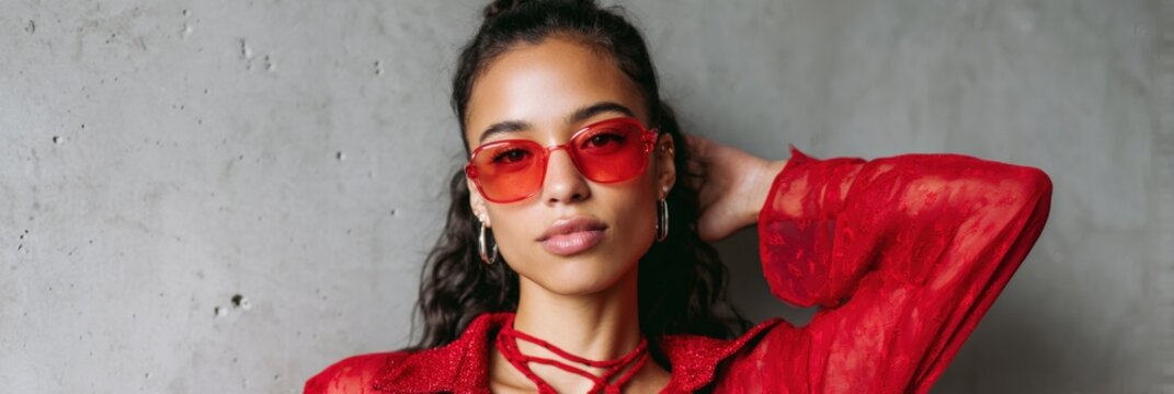 Female mixed adult model wearing red sunglasses and red sheer blouse posing against concrete wall fashion portrait