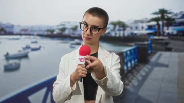 Woman reporter with red microphone pointing finger at camera on a waterfront street promenade with boats and palm trees visible; assertive reporting.