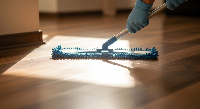Person cleaning wooden floor using microfiber mop in home