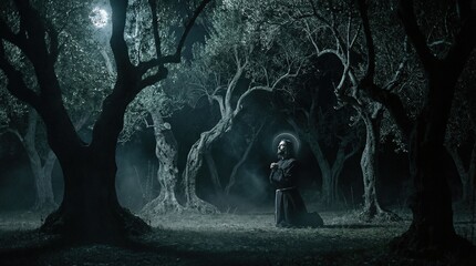 Naklejka premium Man praying in an olive grove at night with a halo, representing a biblical scene in the garden of Gethsemane during Eastern.