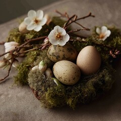 Obraz premium Organic Easter decoration with natural eggs, moss, and spring flowers, soft earthy tones, rustic holiday style