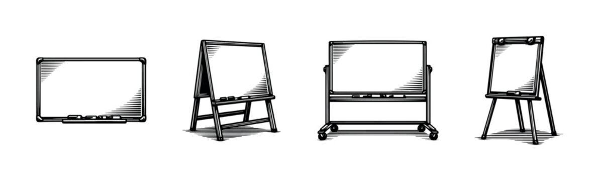 Set of hand-drawn black and white whiteboard and flipchart illustrations