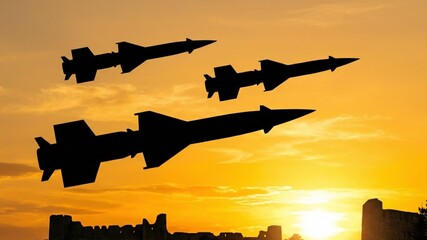 Silhouettes of missiles flying over ancient castle ruins at sunset