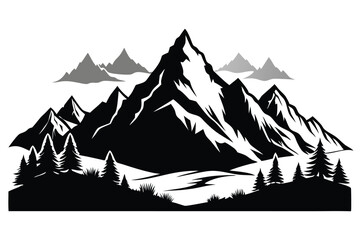 mountain landscape silhouette line art vector illustration with a white background