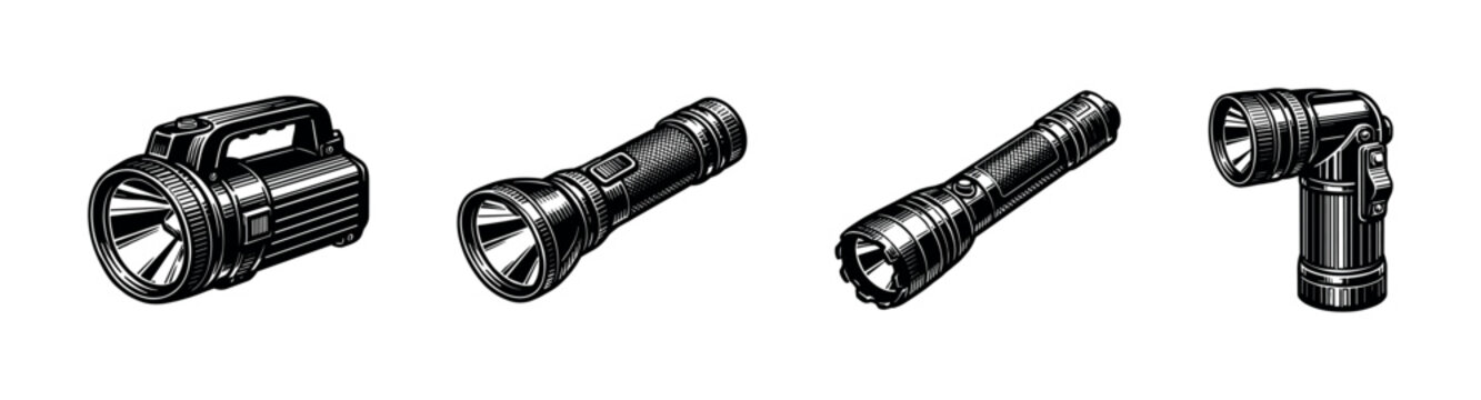 Black and white vector illustration of various flashlights in silhouette style