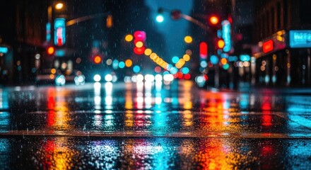 Fototapeta premium Rainy Night City Street Lights Reflections.