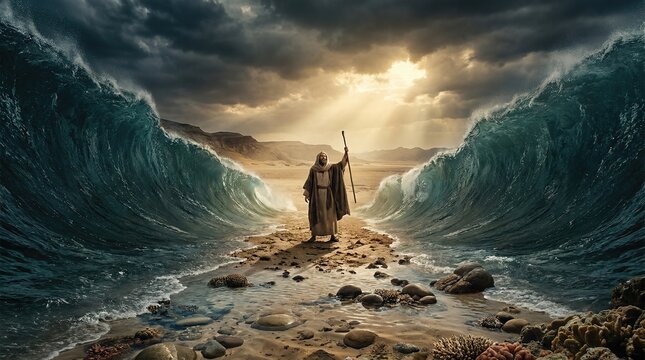 Prophet Moses standing between parted Red Sea under dramatic sky. Biblical exodus story, faith, and divine intervention.