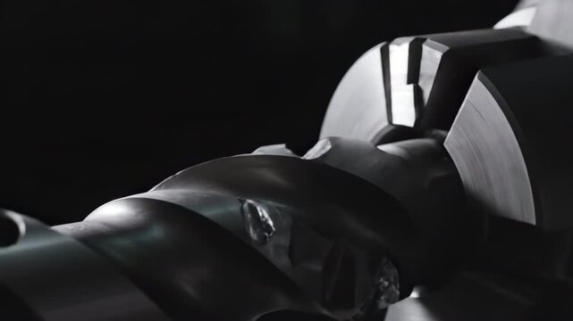 Intense industrial drill bit rotates creating powerful machine motion.