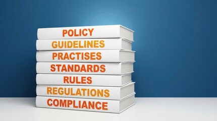 Stack of white professional manuals with orange text showing policy guidelines and rules on blue wall