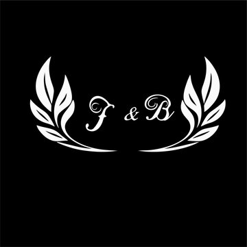 Monogram pernikahan yang canggih dengan ornamen karangan bunga laurel simetris, desain logo elegan premium, gaya vektor minimalis, putih di atas latar belakang hitam