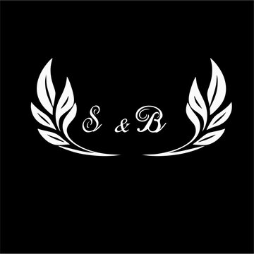 Monogram pernikahan yang canggih dengan ornamen karangan bunga laurel simetris, desain logo elegan premium, gaya vektor minimalis, putih di atas latar belakang hitam