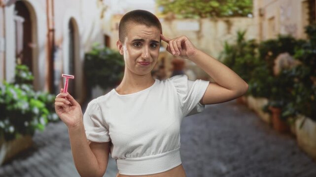 Woman with shaved head holding pink razor and finger to temple in cobbled street; selfcare doubt reflection.
