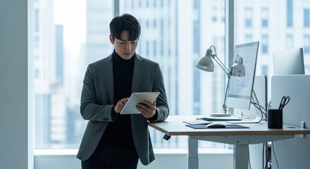 Fototapeta premium Young Asian businessman using a digital tablet in a modern office setting.