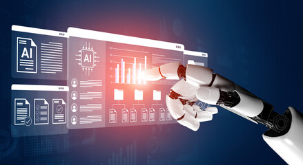 A robotic hand reaches towards interactive digital data displays, symbolizing the intersection of...