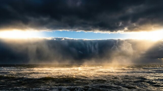 Heavy storm clouds above rough ocean water, with light breaking through a gap in the sky. Creation of water and sky on the second day concept.