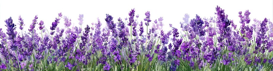 Obraz premium A vibrant row of lavender flowers with green stems against a plain white background
