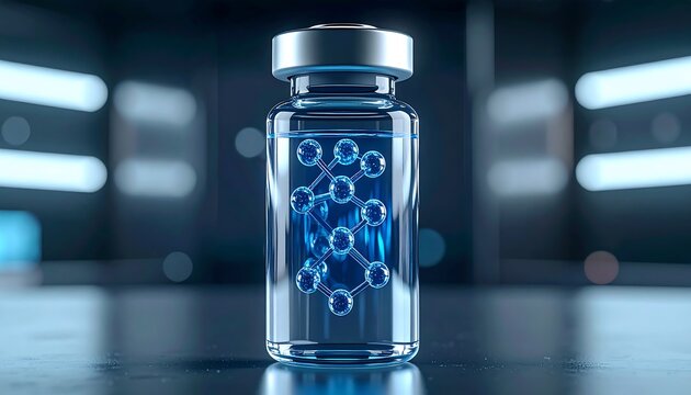 Vial filled with blue liquid, containing a blue molecular structure, against a blurred, dark, futuristic background