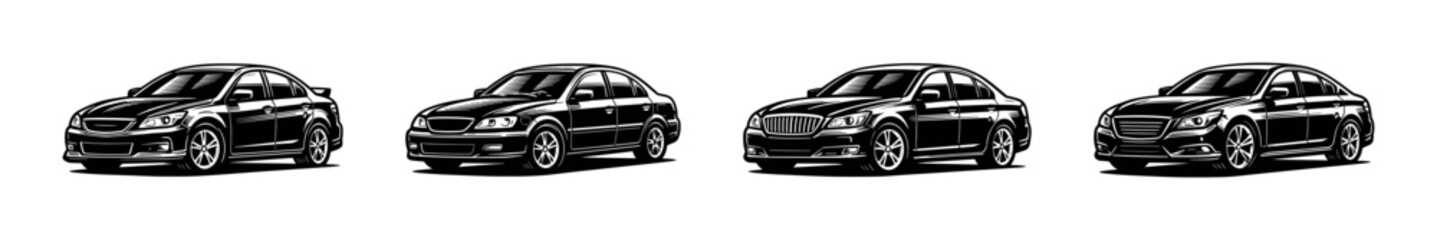 Obraz premium Set of black and white car silhouettes in vector clipart style for illustrations