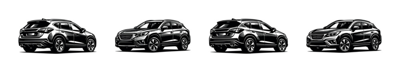 Fototapeta premium Black and white suv car silhouette vector set of four vehicles
