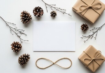 Rustic Holiday Flat Lay with Pine Cones, Gift Boxes and Blank Card on White Background Copy Space