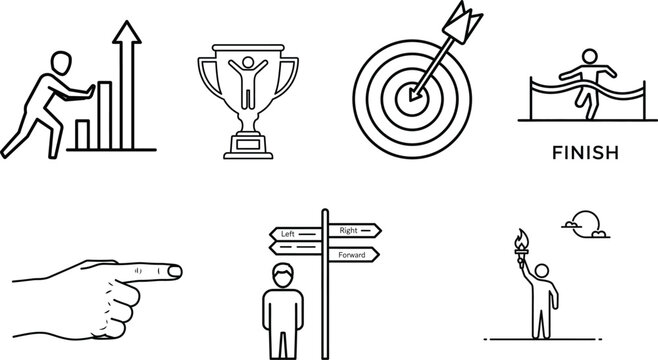 Business goals and success icons set including target trophy growth graph and direction
