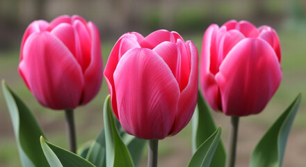 Fototapeta premium Three vibrant pink tulips stand tall with green leaves against a softly blurred natural background.
