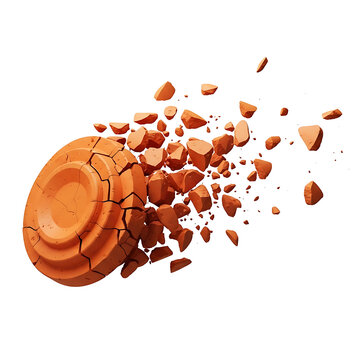 3D orange clay pigeon target shattering into small pieces isolated on transparent background