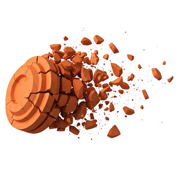 Exploding orange clay pigeon disc shattered into dynamic fragments isolated on transparent background