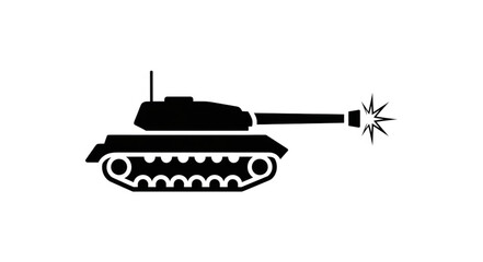 Black silhouette of a military tank firing its cannon. © Isla