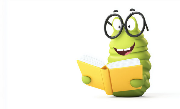 Cheerful cartoon bookworm in glasses reading a yellow book