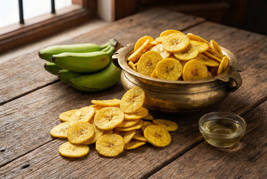 Crispy traditional Kerala banana chips served in a brass bowl with fresh green plantains.