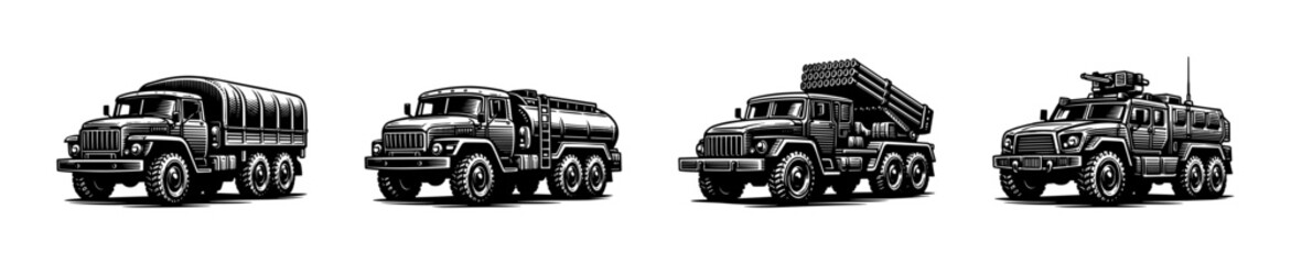 Black and white military truck vector illustrations set silhouette style