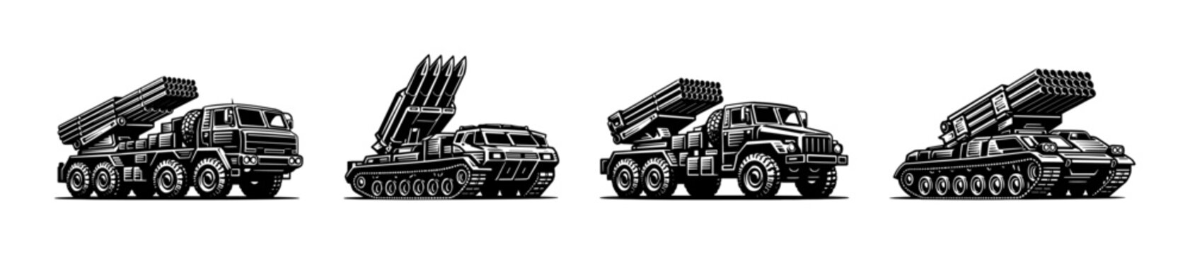 Black and white military vehicles silhouette set featuring missile launchers