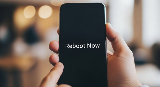 A person's hand holds a smartphone displaying the text "Reboot Now" on its dark screen, suggesting a system restart or a moment of decision.