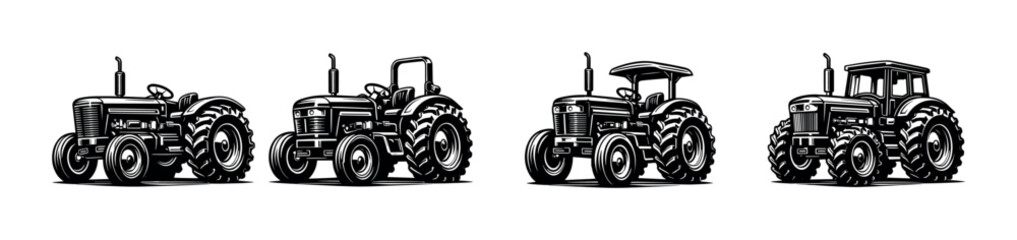 Obraz premium Vector illustration set of vintage tractors in black and white silhouette style