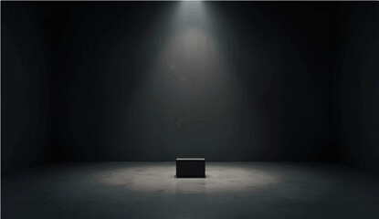 An old man stands in a dark vintage room with a spotlight illuminating the grunge concrete wall and wood floor of the empty interior © SAHAD