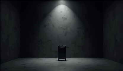 An old man stands in a dark vintage room with a spotlight illuminating the grunge concrete wall and wood floor of the empty interior © SAHAD