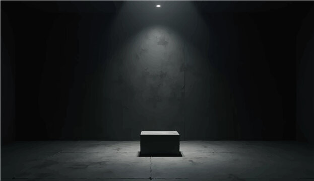 An old man stands in a dark vintage room with a spotlight illuminating the grunge concrete wall and wood floor of the empty interior