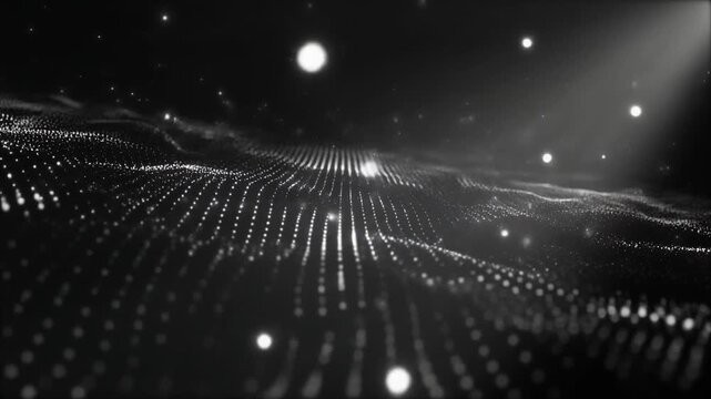 Futuristic looping scattered micro dots drifting slow moving dust volumetric light beam subtle particles seamless surreal ambience cascading softly abstract cinematic loop