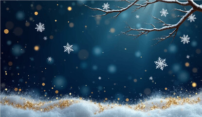 A festive winter night landscape featuring a decorated Christmas tree under a blue sky with falling snowflakes and stars for a holiday celebration greeting card illustration © SAHAD