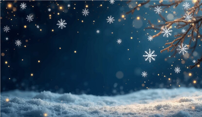 A festive winter night landscape featuring a decorated Christmas tree under a blue sky with falling snowflakes and stars for a holiday celebration greeting card illustration © SAHAD