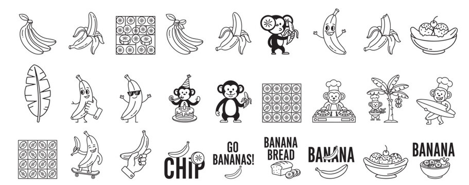 banana; fruit; food; tropical; healthy; fresh; snack; peel; vector; icon; illustration; cartoon; character; monkey; pattern; slice; bunch; dessert; bread; smoothie; produce; yellow; fun; isolated