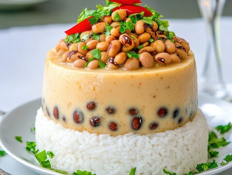 Nigerian moi moi steamed bean pudding served on a plate with white rice, garnished with black-eyed peas, red pepper, and fresh herbs for a vibrant presentation