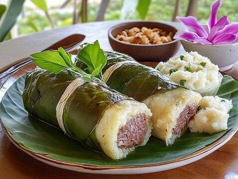 Tongan lu pulu dish featuring corned beef wrapped in taro leaves, served with mashed potatoes and garnished with fresh herbs on a wooden table