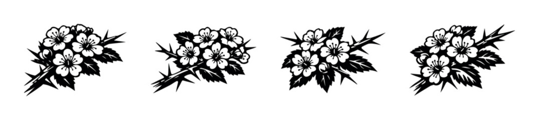 Silhouette collection of floral elements with botanical design in black and white