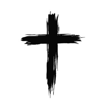 Christian cross silhouette with artistic black brush stroke effect for spiritual logo design