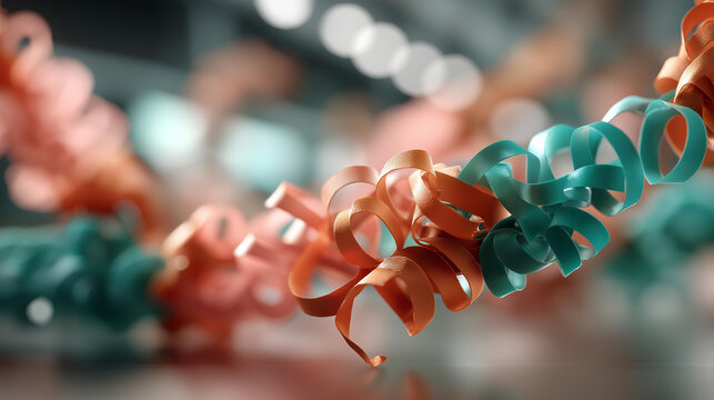 Scientific illustration of a protein secondary structure diagram alpha helices rendered as vivid coral ribbon spirals and beta sheets as flat electric teal arrows the