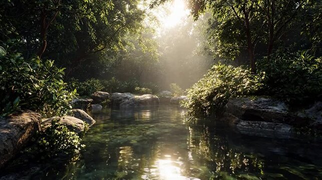 Sunlit forest stream with rocks
