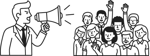 Fototapeta premium A man speaking to a crowd through a megaphone engaging and rallying the audience with a call to action or message